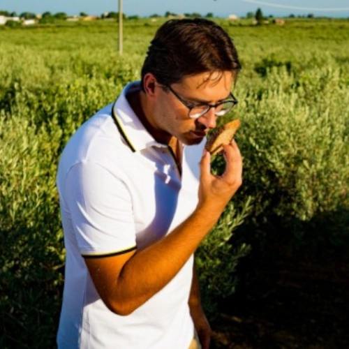 Stefano Amabile smells scents New oil on bread - Amabile Farm