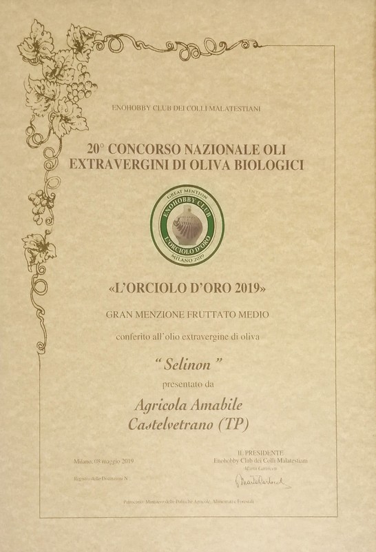 L'Orciolo D'Oro 2019, gran menzione per olio Selinon - Azienda Agricola Amabile