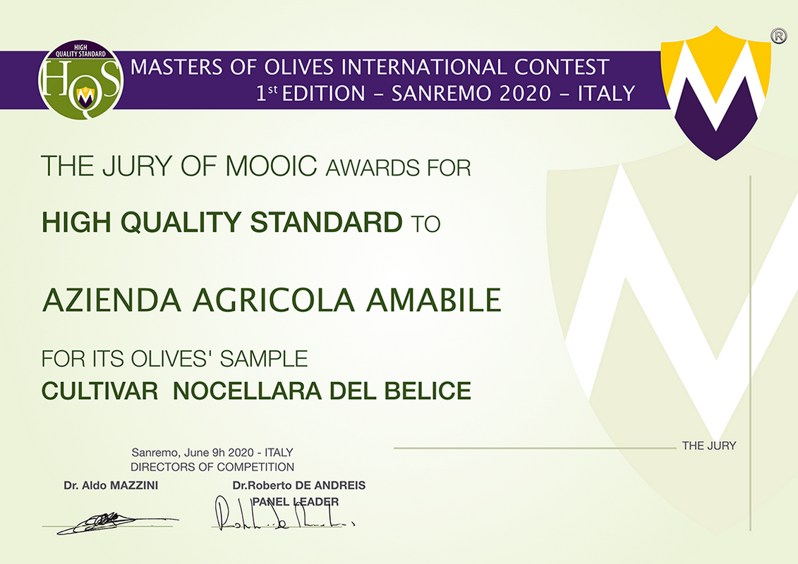 Master of Olives International Sanremo 2020, gran premio qualità Azienda Agricola Amabile