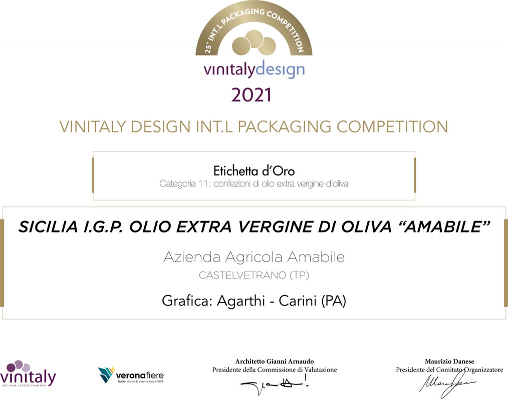 Etichetta Oro Vinitaly, categoria confezioni olio extravergini - Agarthi per Amabile