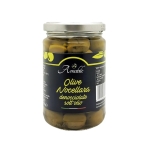 Green Nocellara olives pitted in oil in a jar