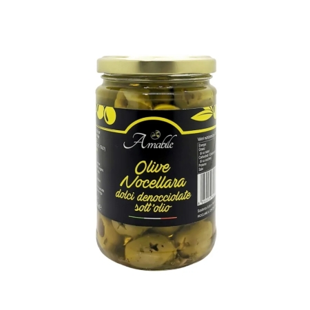 Sweet Green Nocellara Olives Pitted in Oil in a Jar front